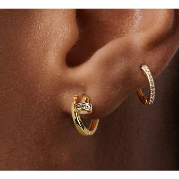 14k Gold Plated Twisted Nail Huggie Earrings Small Hoop Gold Hypoallergenic CZ - Picture 2 of 5